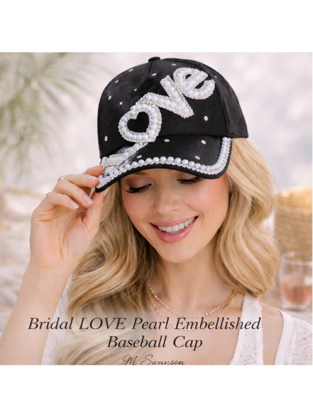 Bridal LOVE Pearl Embellished Black Baseball Cap One Size New